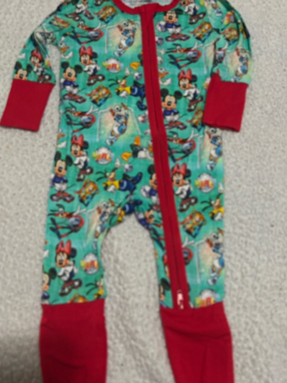 Bamboo Kids Printed One-Piece Pajama - Teal with Red Trim
